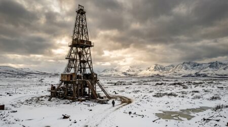 Tour de forage abandonnée dans la toundra russe