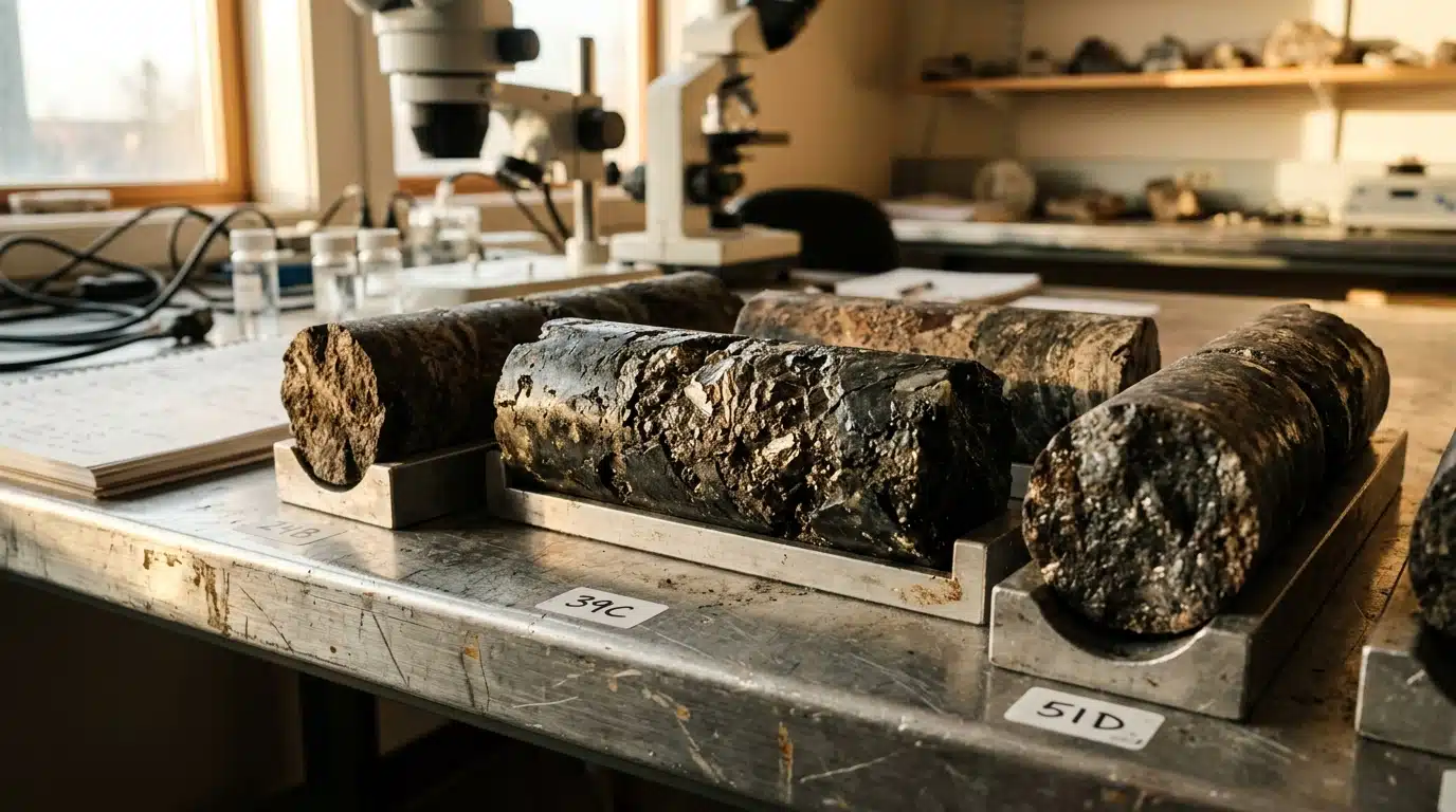 Échantillons de roches profondes sur table de laboratoire