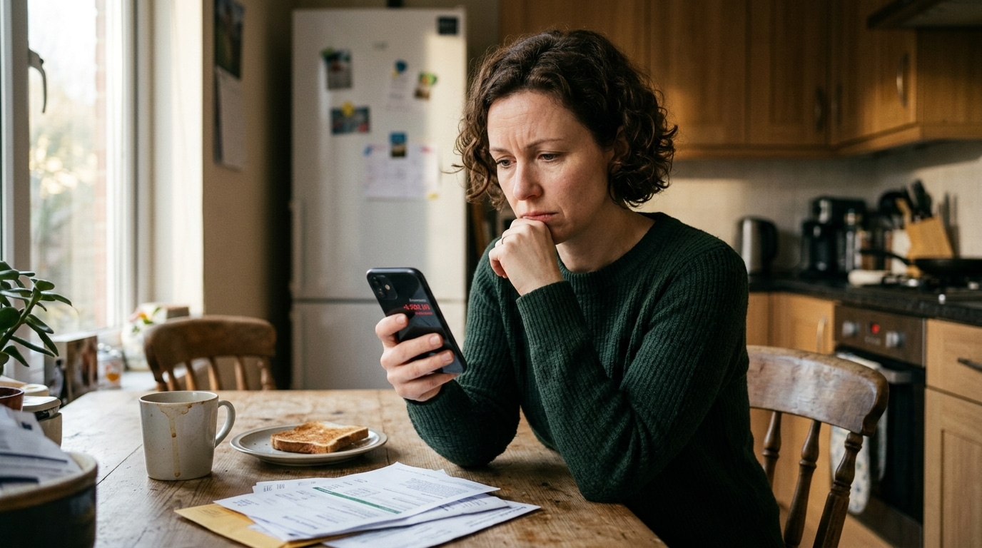 Personne inquiète consultant son solde bancaire négatif
