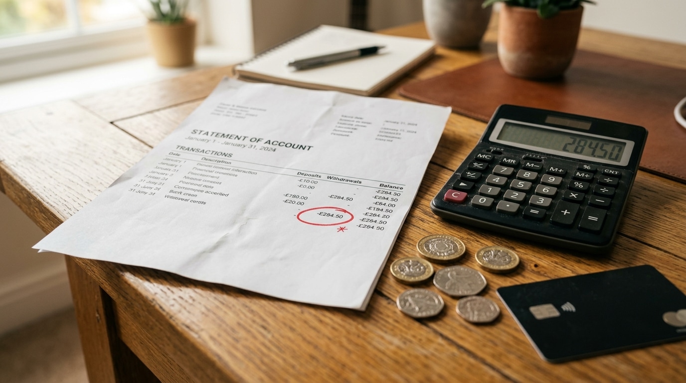 Relevé bancaire et calculatrice avec chiffres en rouge