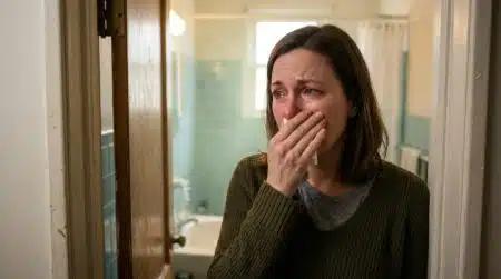 Personne suffoquant à la porte des toilettes fermées