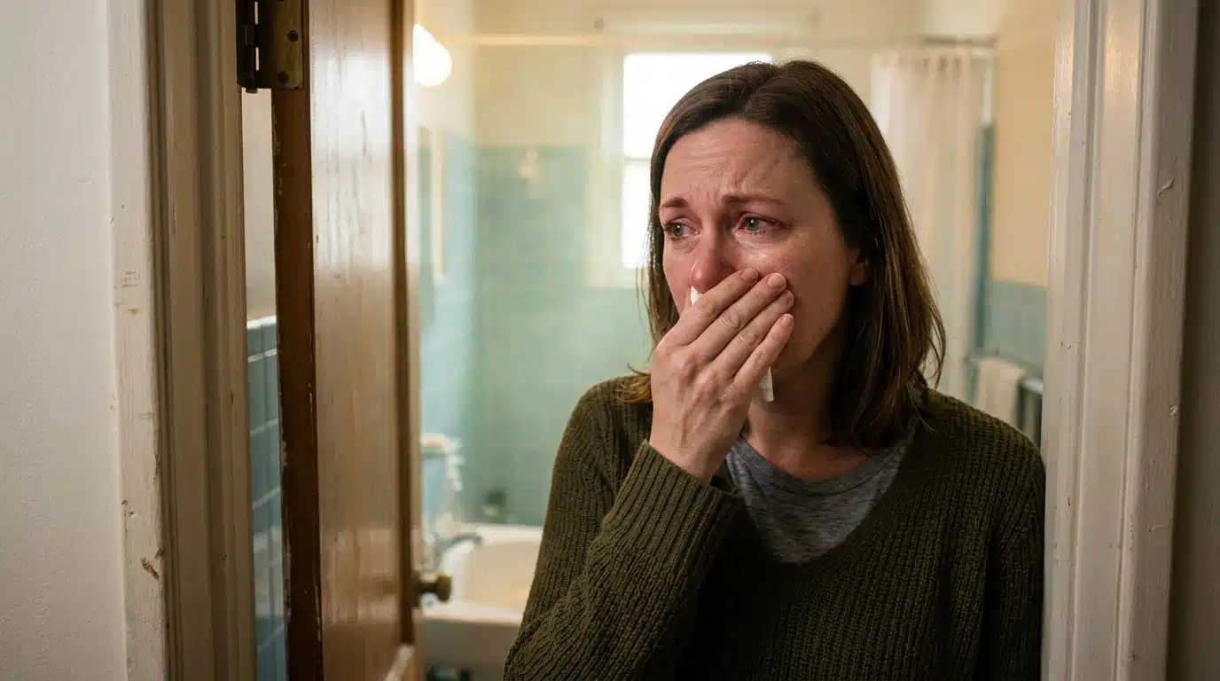 Personne suffoquant à la porte des toilettes fermées