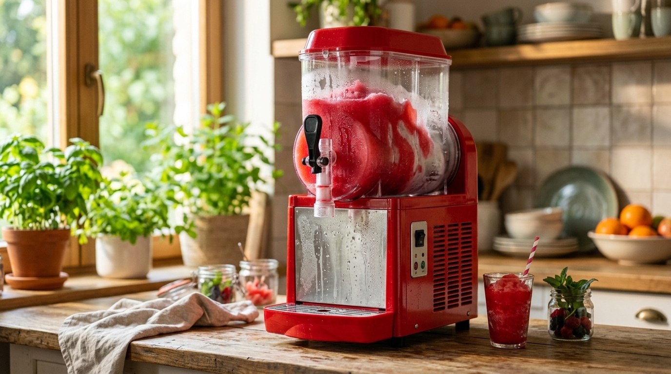 Machine à granités colorée sur un comptoir de cuisine