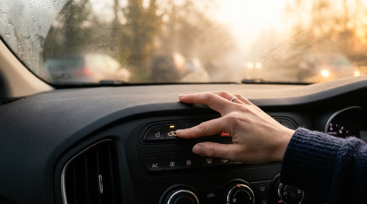 Main appuyant sur le bouton de recyclage d'air de la voiture