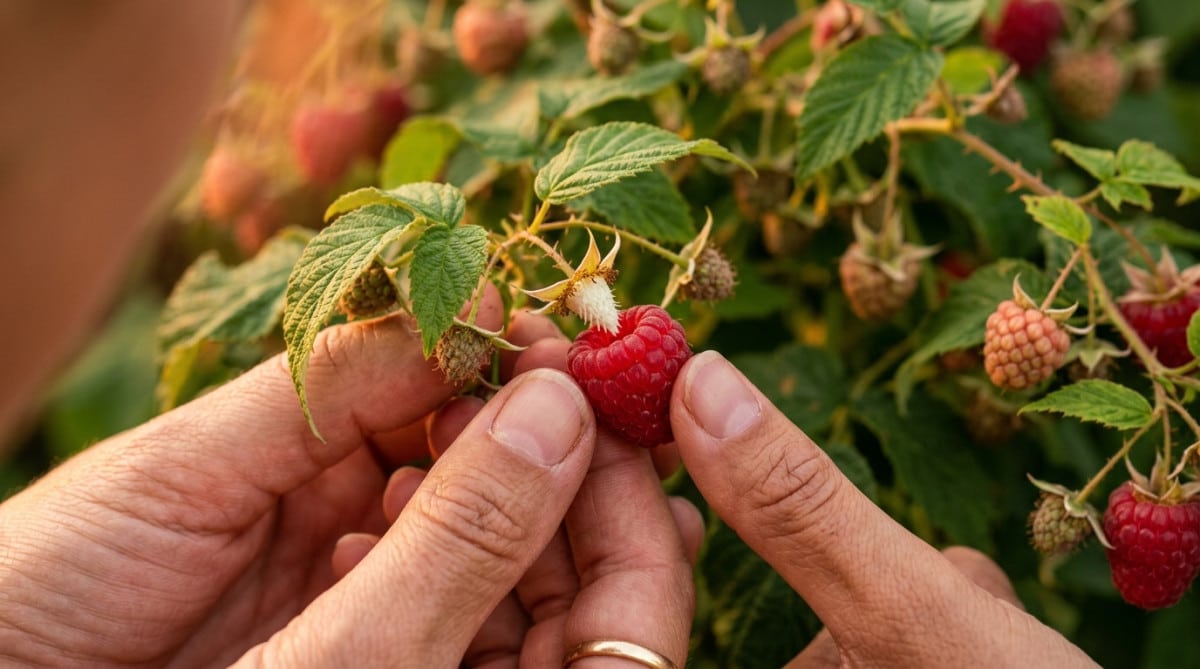 Main cueillant une framboise mûre sur sa tige