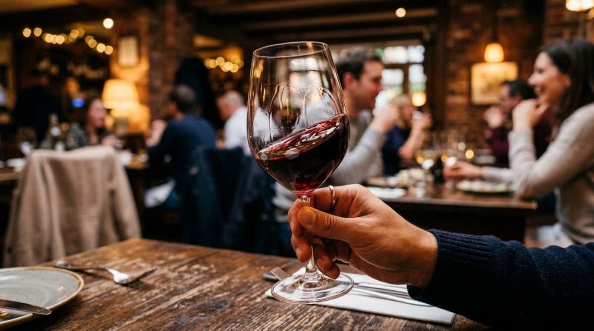 Main faisant tourner un verre de vin rouge