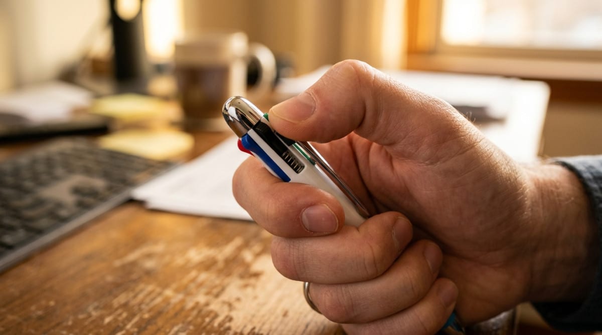 Main qui clique sur un stylo Bic 4 couleurs