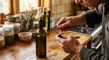 Main qui entaille le bec verseur d'une bouteille d'huile