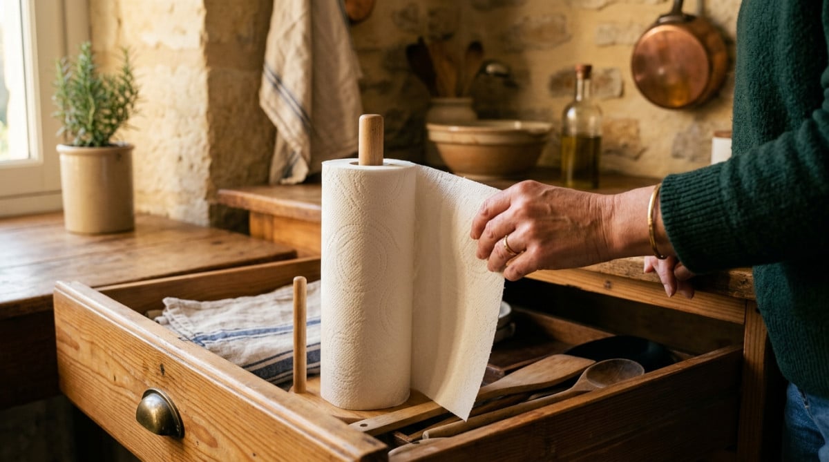Main qui tire une feuille de sopalin dans un tiroir