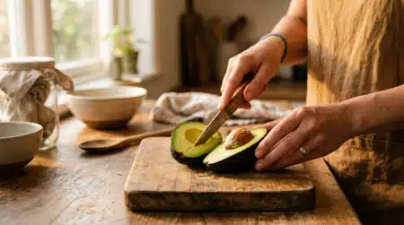 Main qui tranche un avocat mûr sur une planche