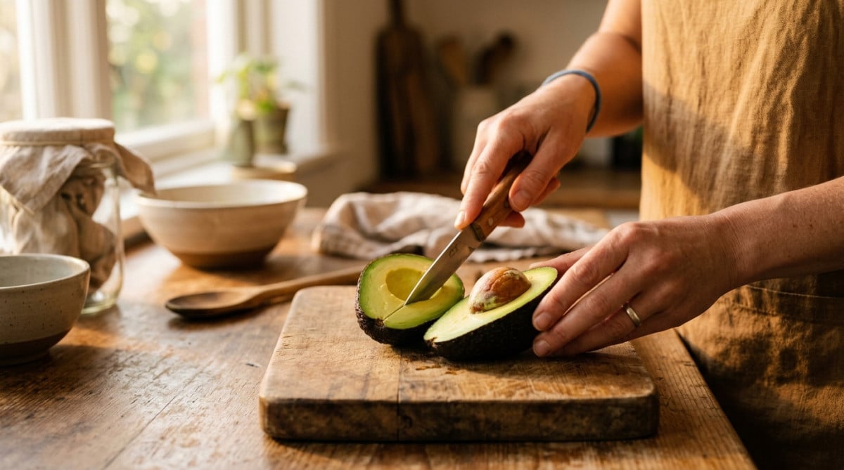 Main qui tranche un avocat mûr sur une planche