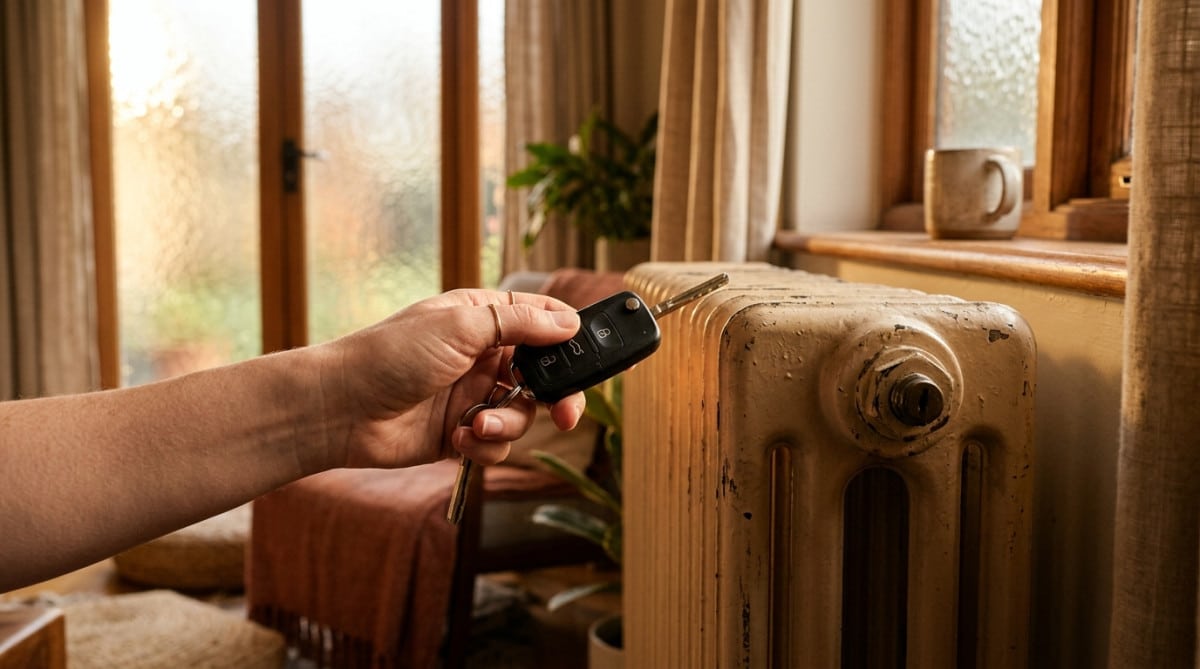 Main réchauffant une clé de voiture près d'un radiateur
