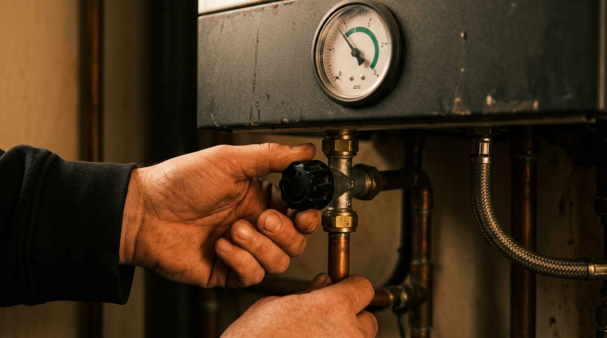 Main réglant la valve de remplissage d'une chaudière