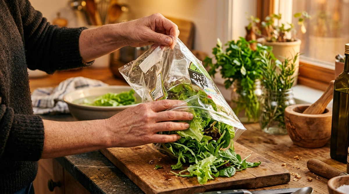 Main retournant un sachet de salade ouvert