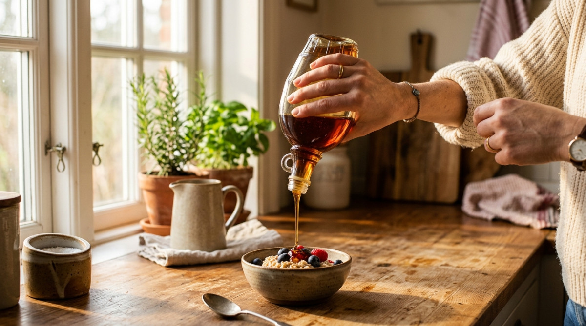 Main retournant une bouteille de sirop dans la cuisine