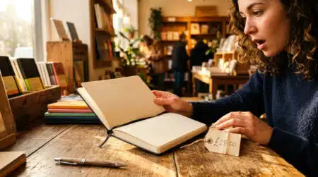 Main tenant un carnet Moleskine ouvert avec étiquette prix