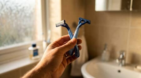 Main tenant un rasoir jetable dans une salle de bain
