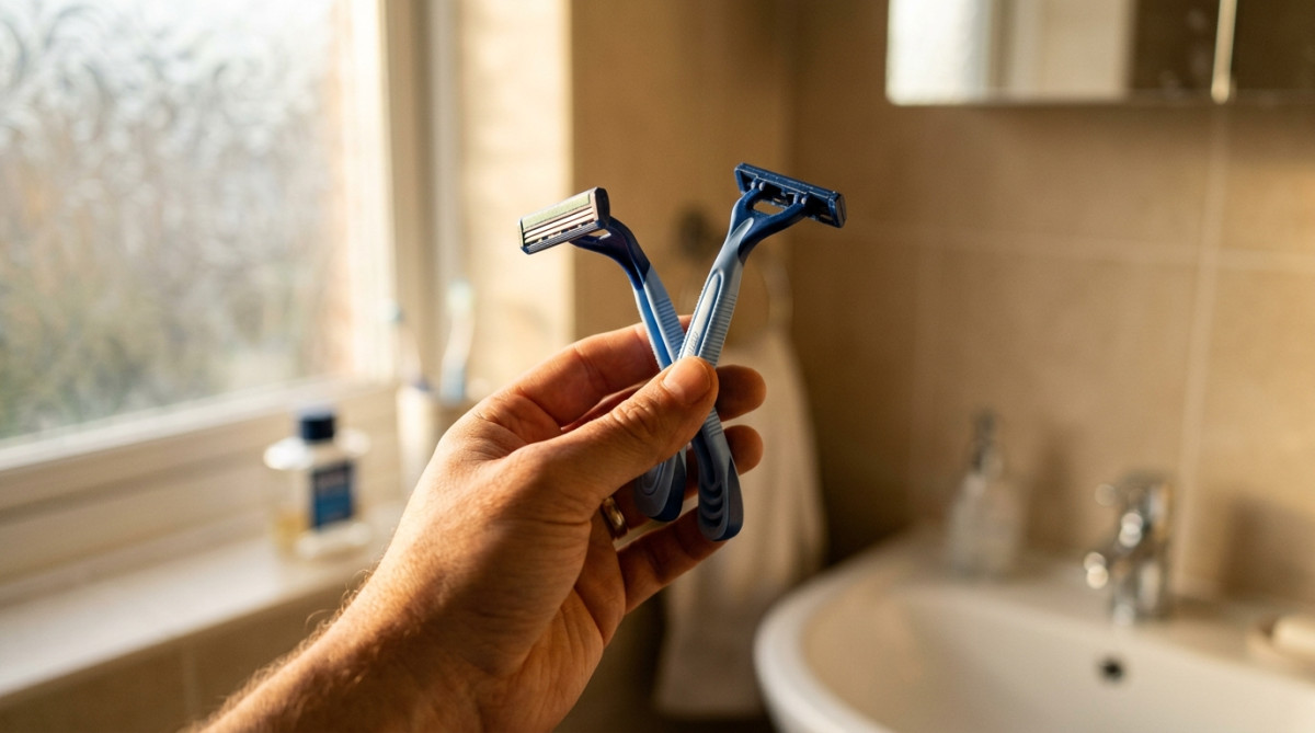 Main tenant un rasoir jetable dans une salle de bain