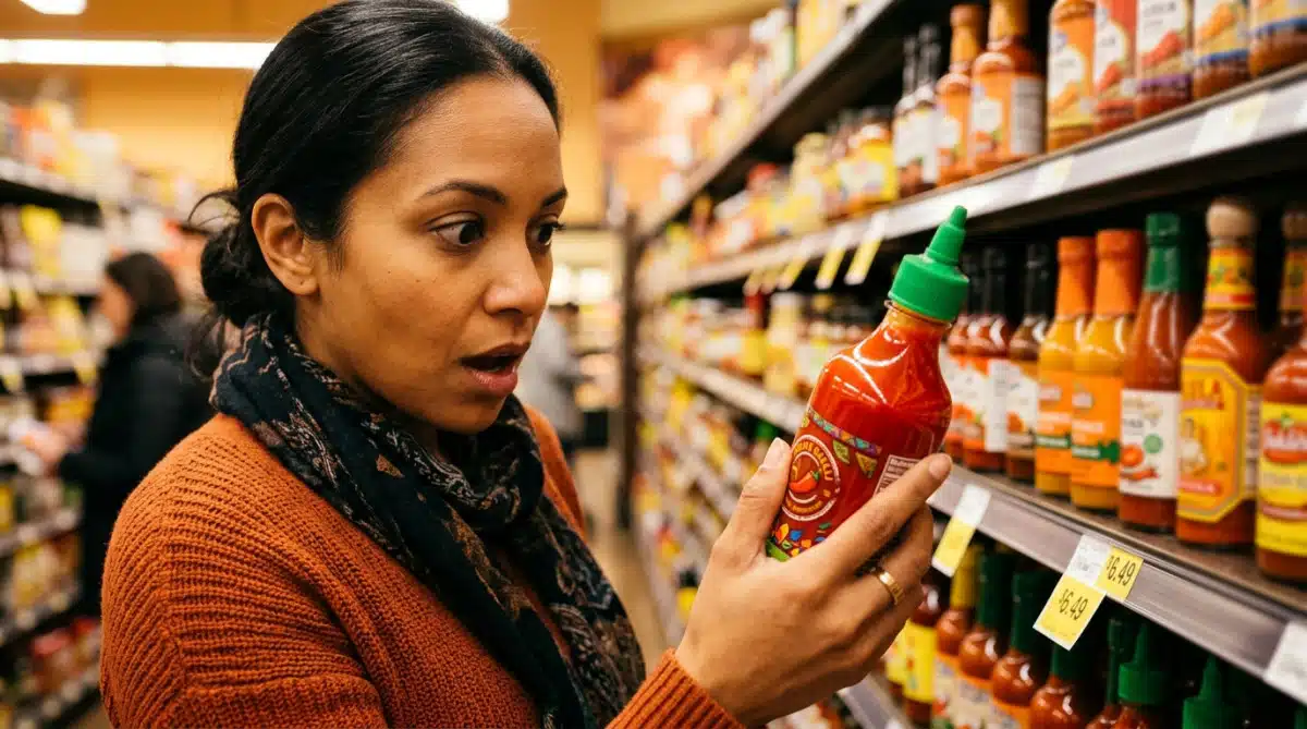 Main tenant une bouteille de sauce piquante au supermarché