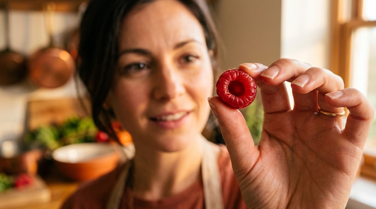 Main tenant une framboise montrant son trou central creux