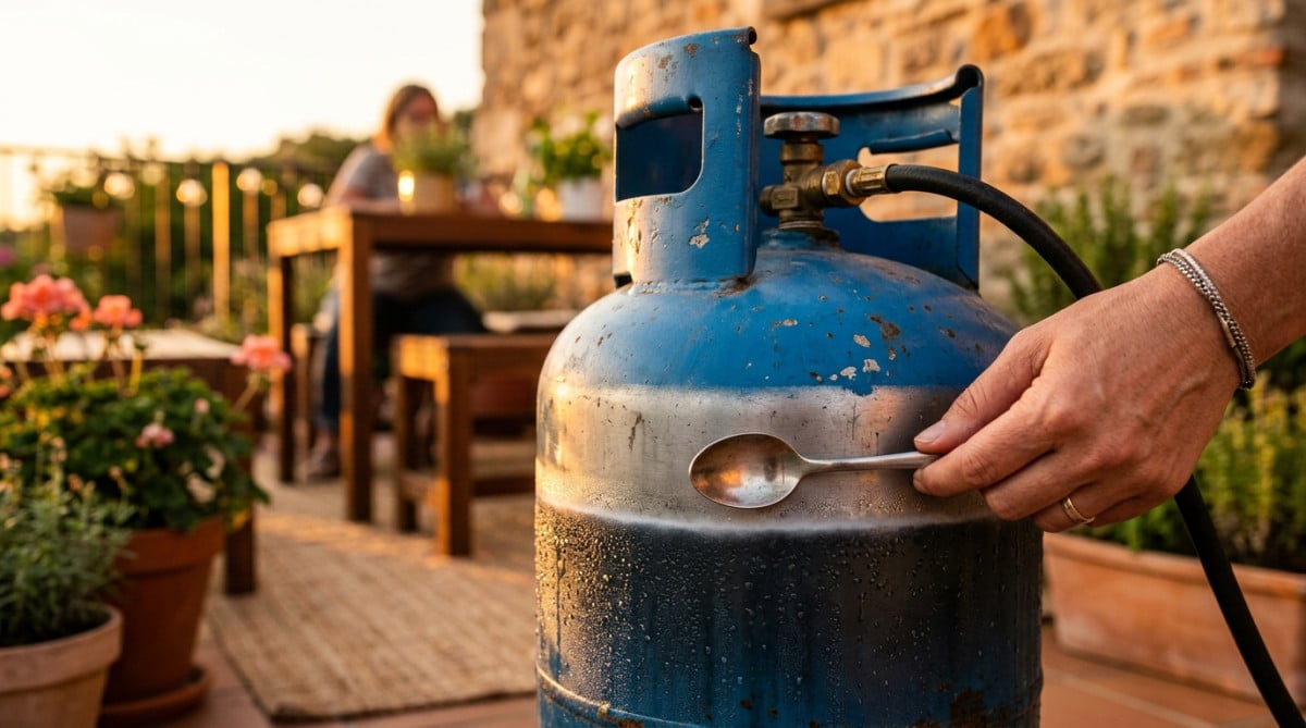 Main testant la bouteille de gaz avec une cuillère en métal