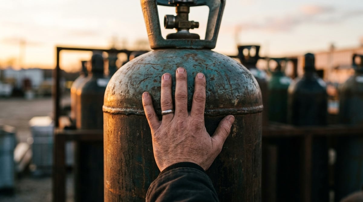 Main testant la température d'une bouteille de gaz