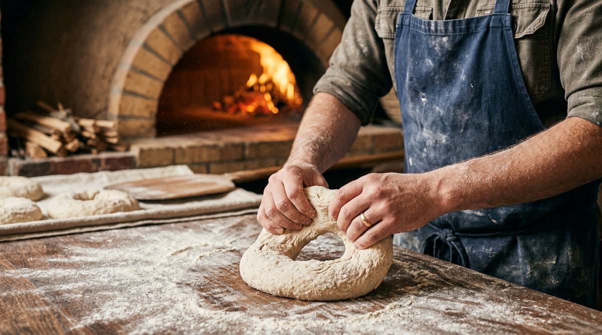 Mains d'artisan façonnant la pâte en forme d'anneau