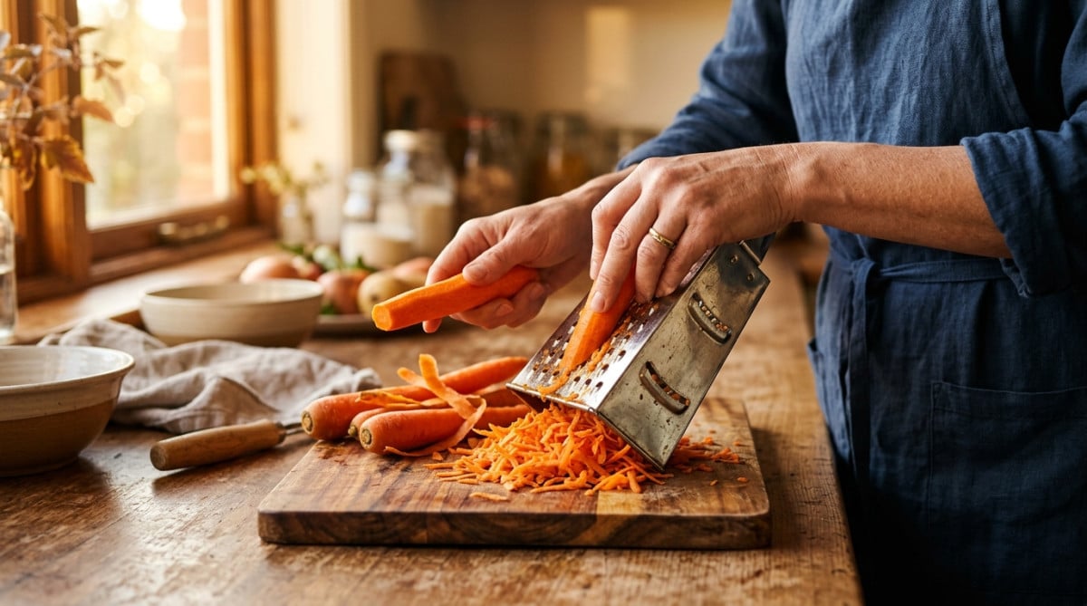 Mains épluchant des carottes fraîches dans une cuisine