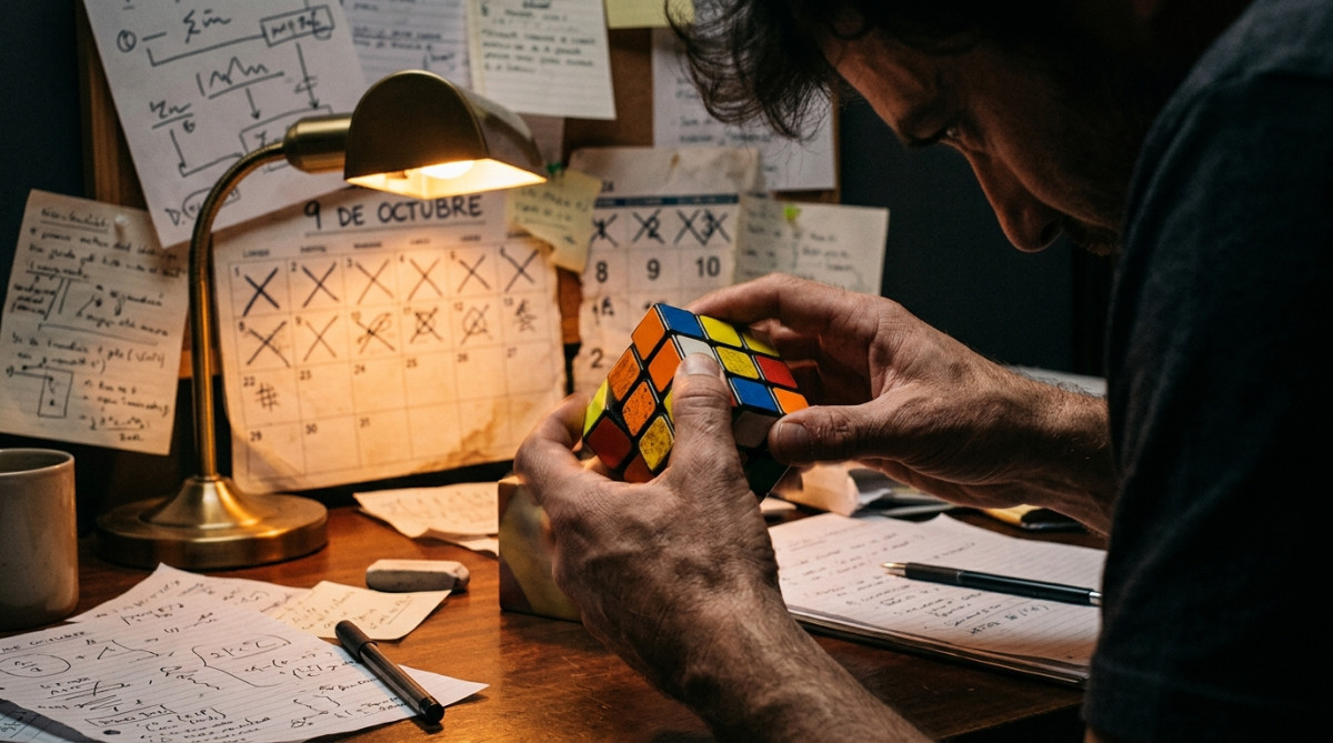 Mains manipulant un Rubik's Cube coloré la nuit