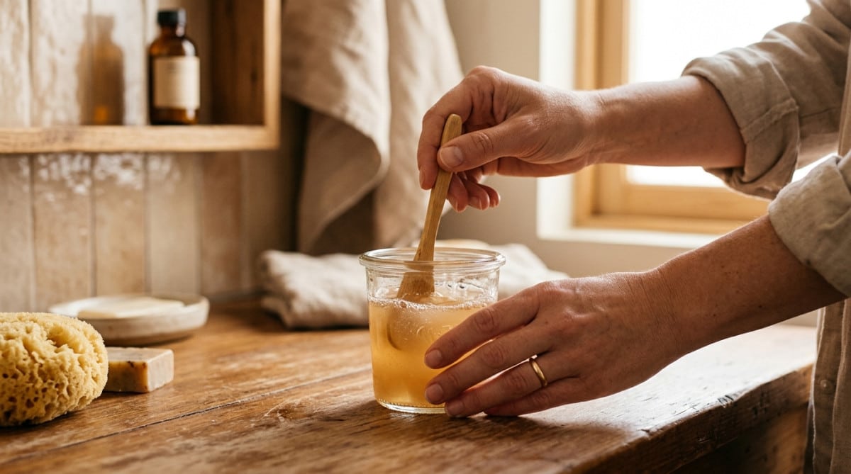 Mains mélangeant du shampoing dilué avec de l'eau