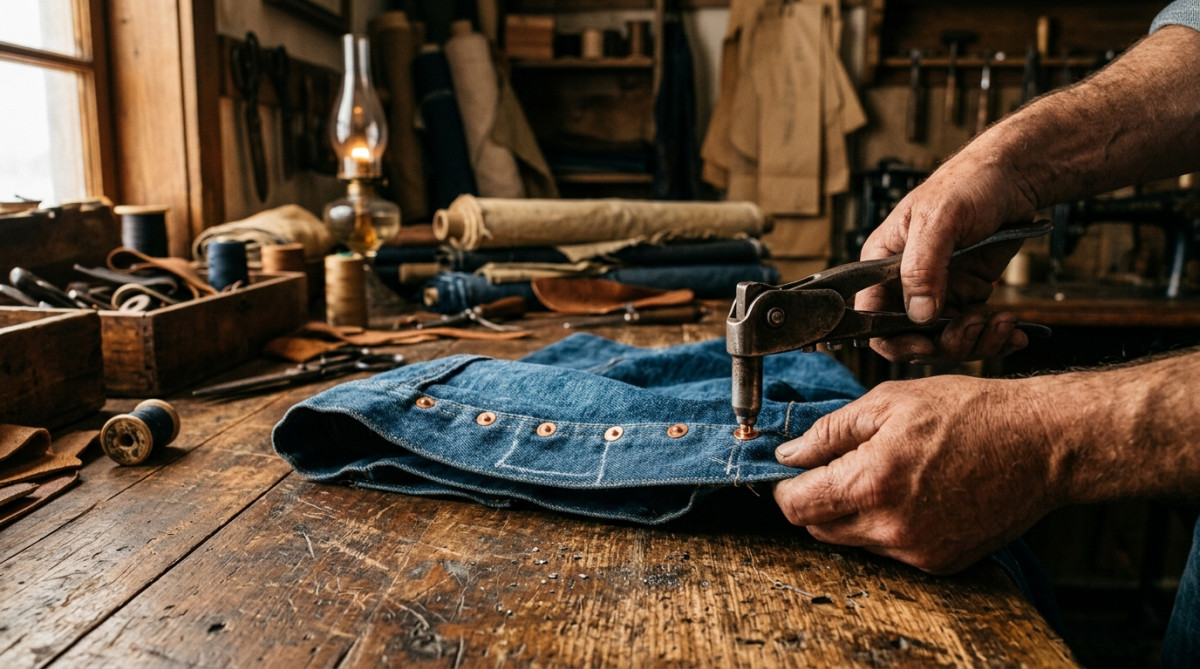 Mains posant des rivets en cuivre sur un jean en denim