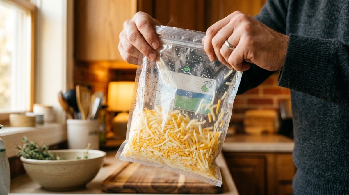 Mains secouant un sachet de fromage râpé pour le séparer
