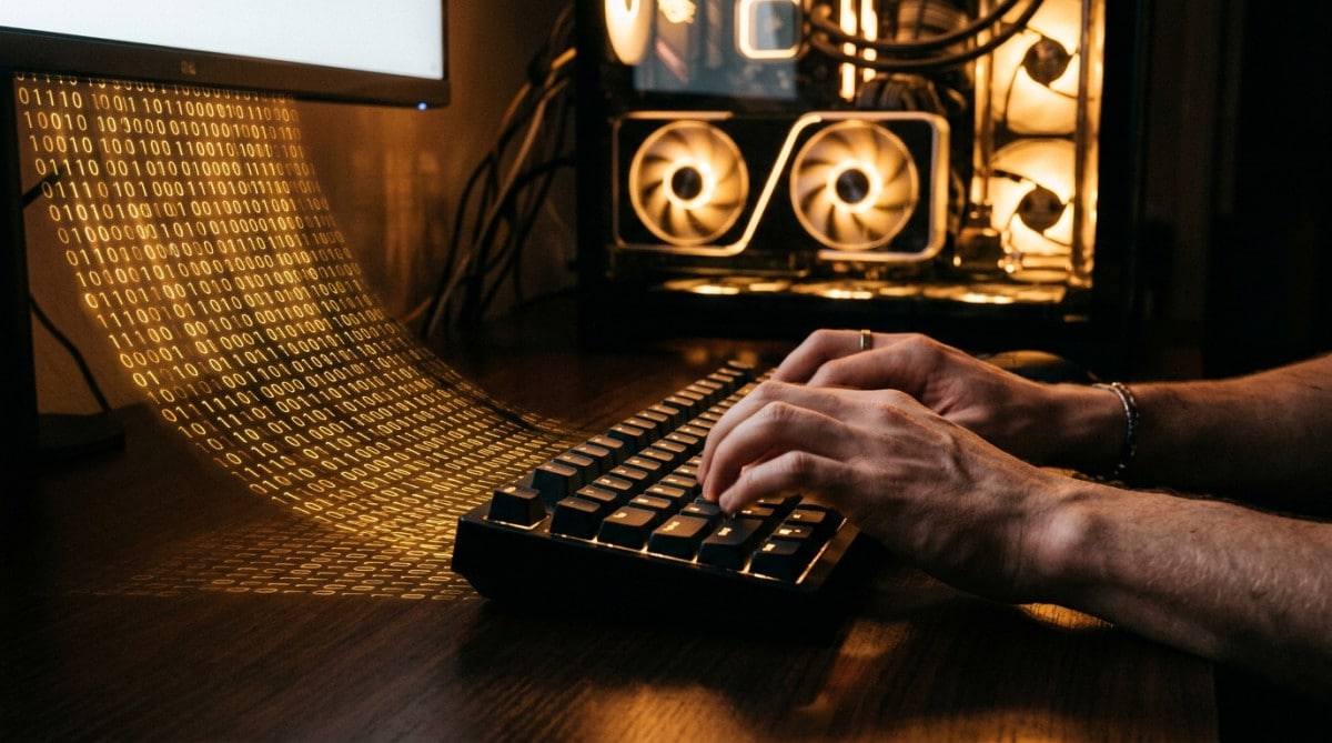 Mains tapant sur un clavier avec une carte graphique en arrière-plan