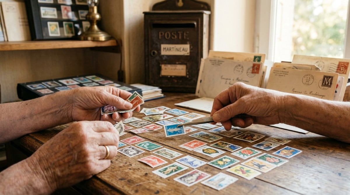 Mains triant des timbres français sur un bureau en bois