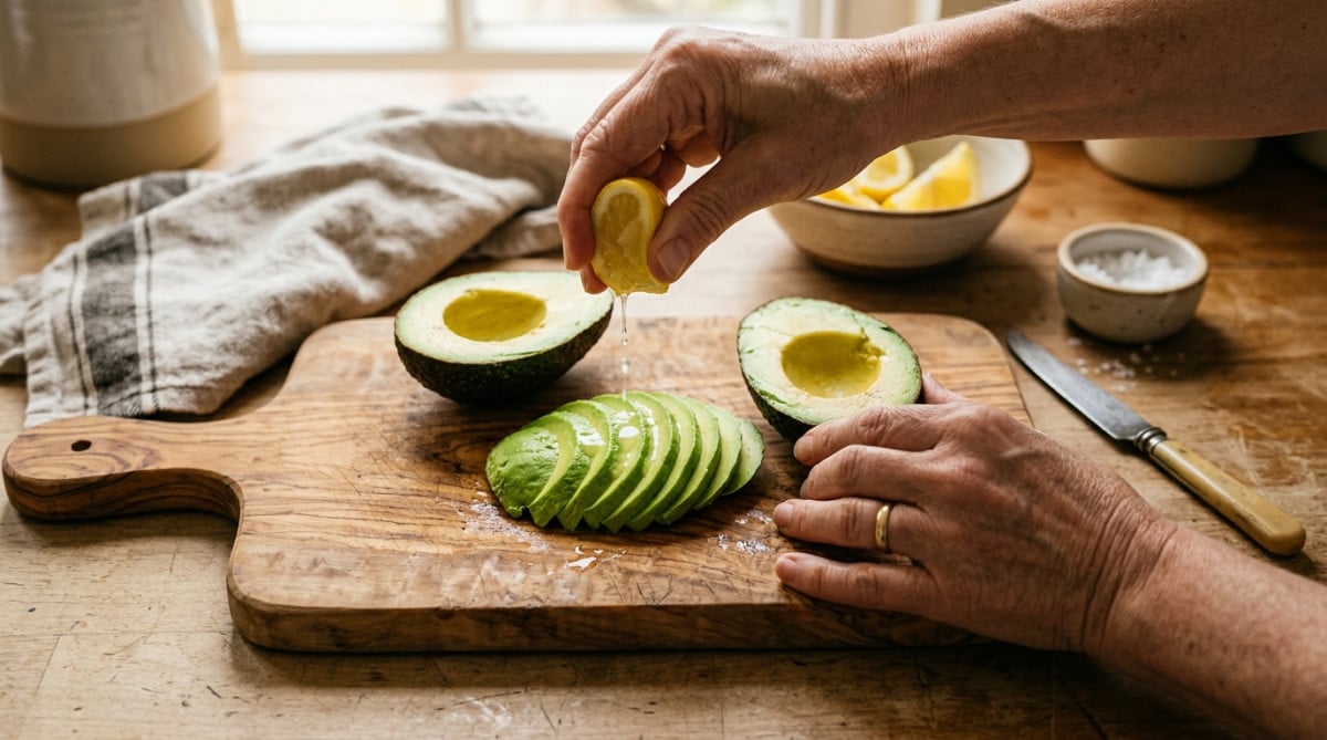 Mains versant du citron sur un avocat tranché