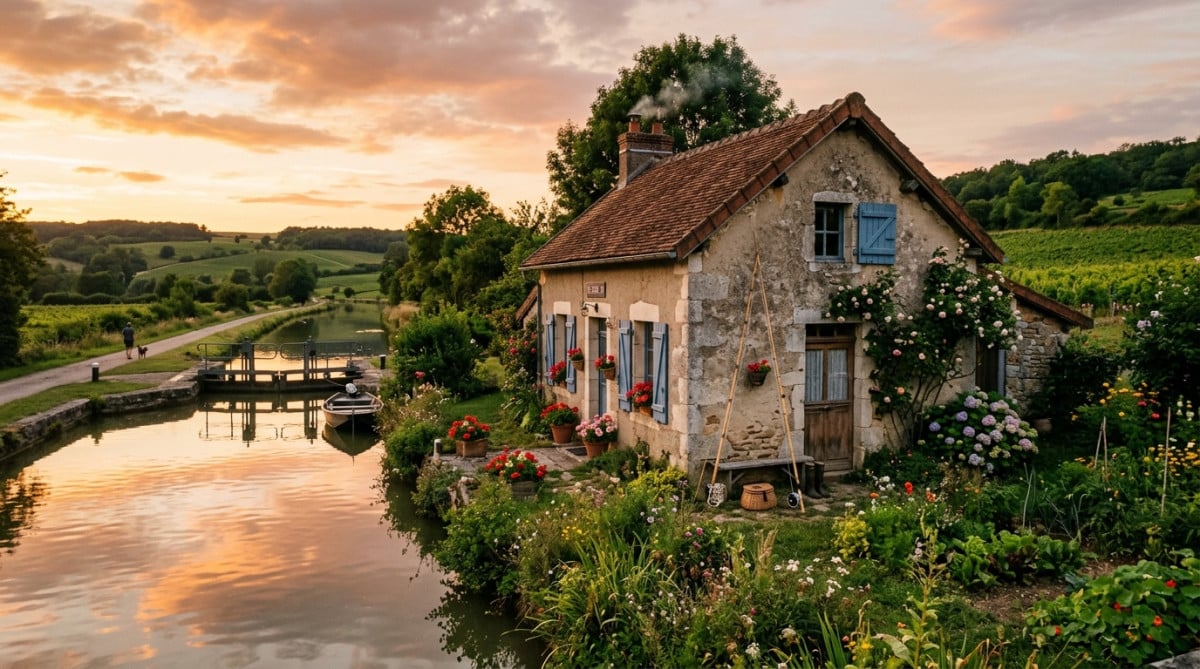 Maison éclusière au bord du canal en Côte-d'Or