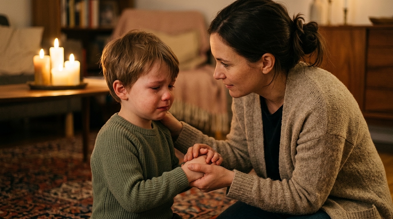 Mère apaisant son enfant en pleurs avec tendresse