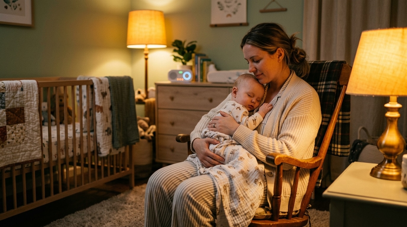 Mère berçant doucement son enfant pour le calmer le soir