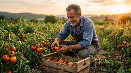Maraîcher récoltant des tomates bio à la main au champ