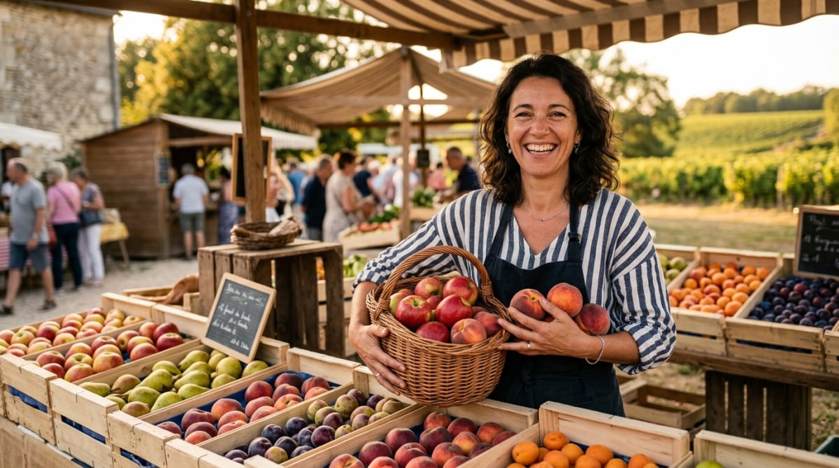 Marché local avec étals de fruits frais colorés