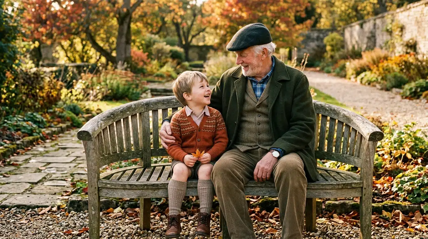 Grand-père et petit-fils complices sur un banc ensoleillé