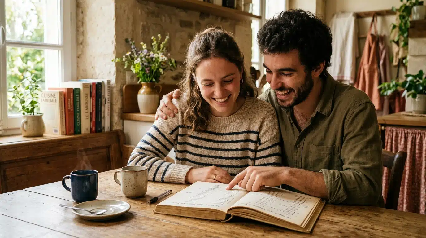 Jeune couple choisissant un prénom de bébé à table