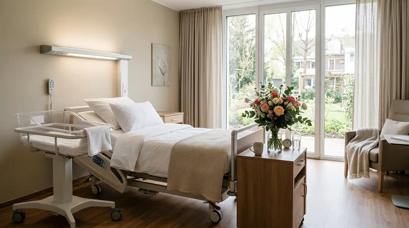 Chambre de maternité vide et fleurie évoquant une naissance