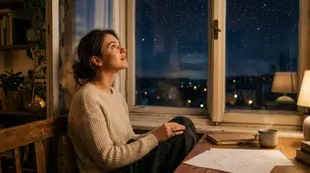 Femme regardant le ciel étoilé par une fenêtre le soir