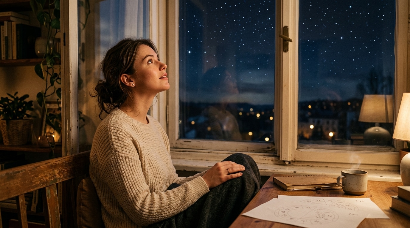 Femme regardant le ciel étoilé par une fenêtre le soir