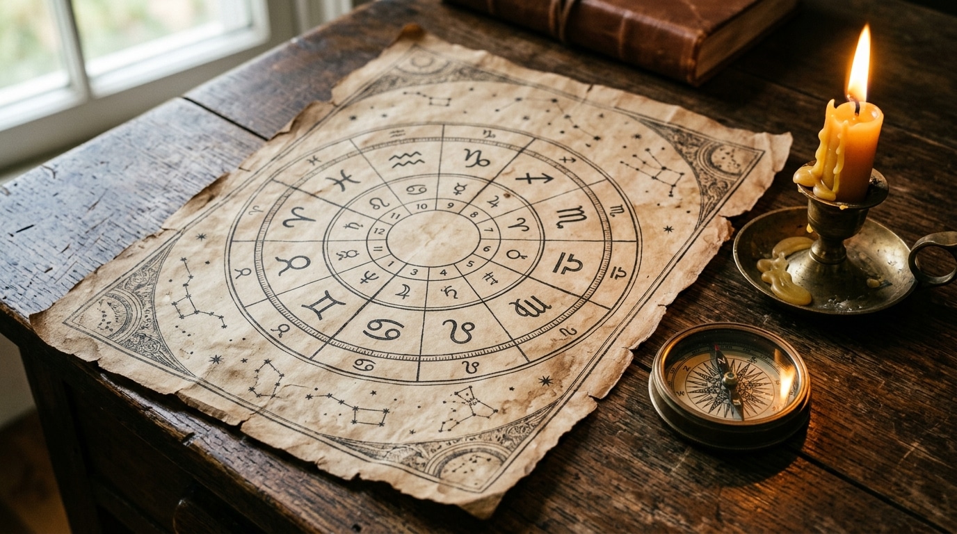 Carte astrologique ancienne avec bougie et boussole en laiton