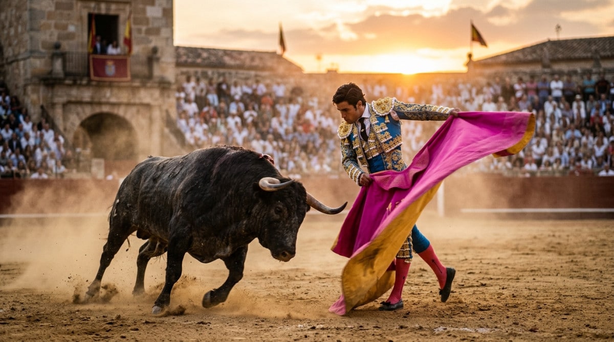 Matador agitant une cape magenta devant un taureau qui charge