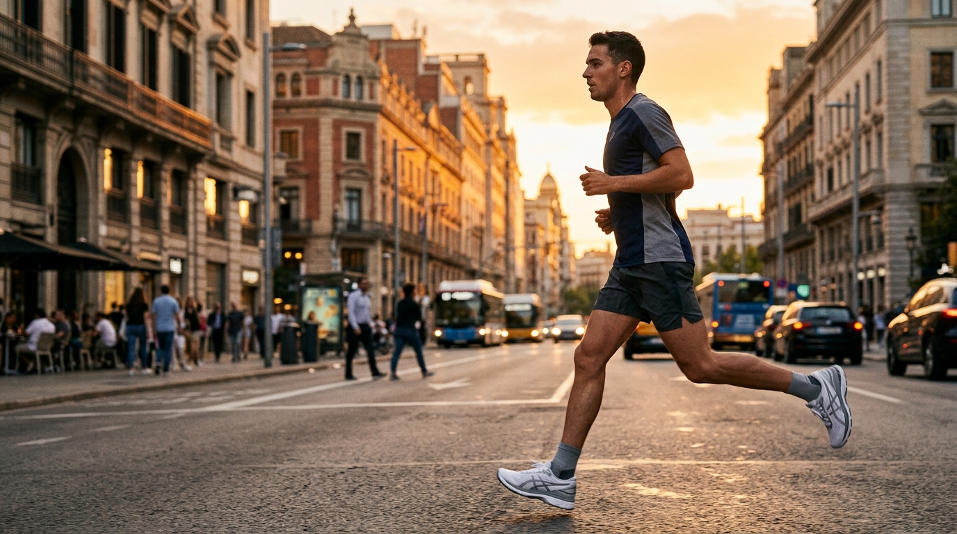 Homme courant en ville avec des baskets de running techniques