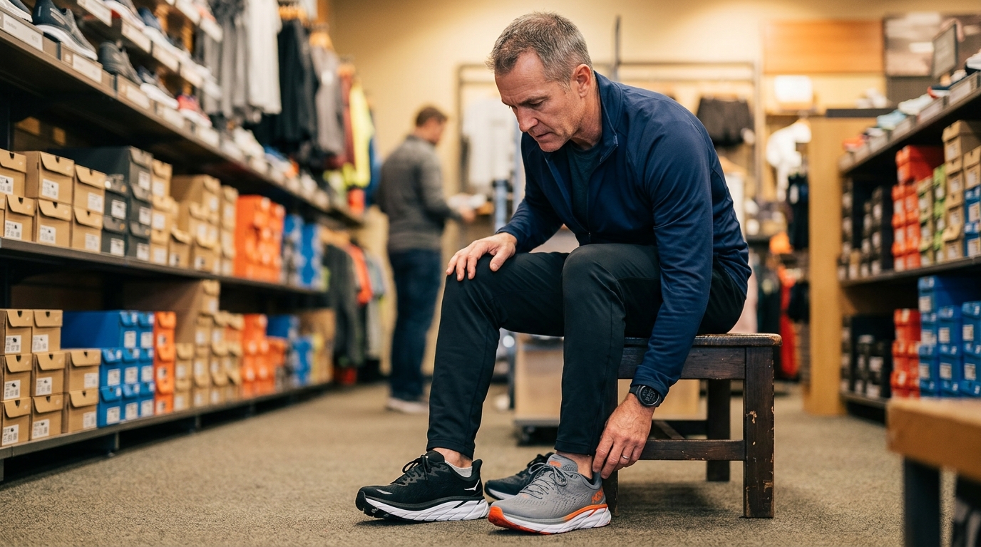 Homme essayant des baskets de running en magasin
