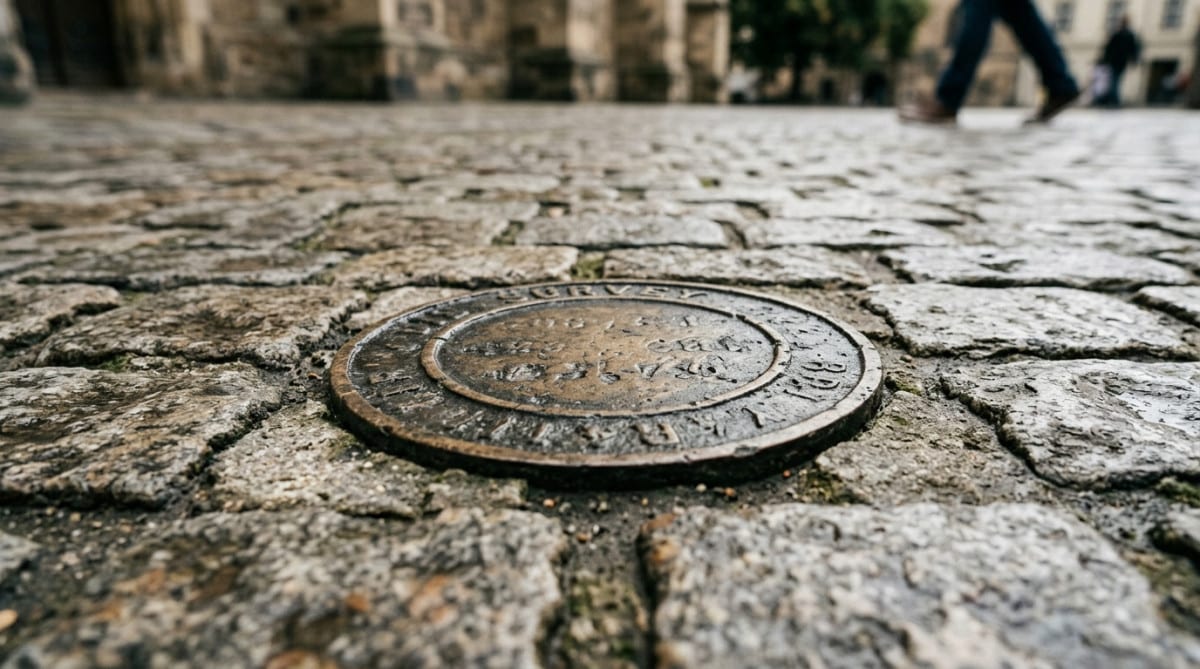 Médaillon de bronze du méridien incrusté dans le pavé parisien